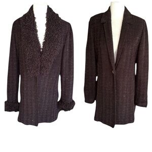 St. John Vintage Brown Metallic Tweed Faux Fur Detachable Collar Knit Blazer - 6